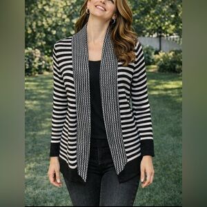 WHBM Womens Long Black White Stripe Cardigan Sweater M Open Front Poly Cotton